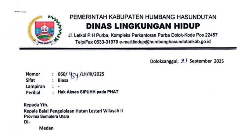 Surat resmi DLH Humbahas ke BPHL II Medan untuk akses SIPUHH PHAT